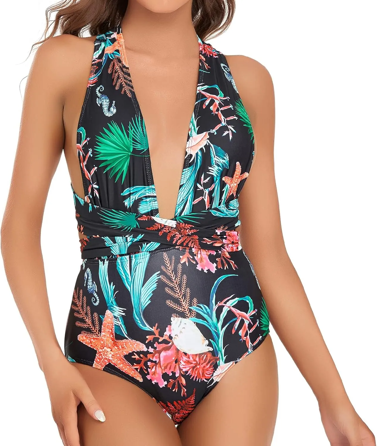 Edelqual Monokini Swimsuit for Women One Piece Deep V Neck Tummy Control Halter Crossover Strap Design Bathing Suit