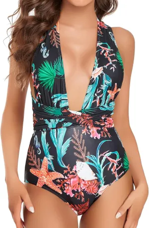 Edelqual Monokini Swimsuit for Women One Piece Deep V Neck Tummy Control Halter Crossover Strap Design Bathing Suit