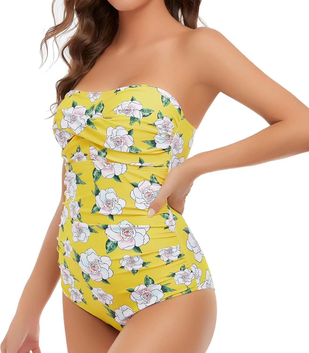 Edelqual Women Swimsuit One Piece Belly Coverage Bathing Suit Removable Halter Backless Shirring Tummy Control Teen Monokini