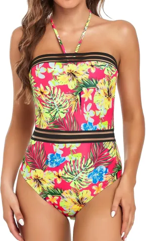 Edelqual Women Swimsuit One Piece Belly Full Coverage Bathing Suit Halter Backless Tummy Control Black Stripe Splice Monokini