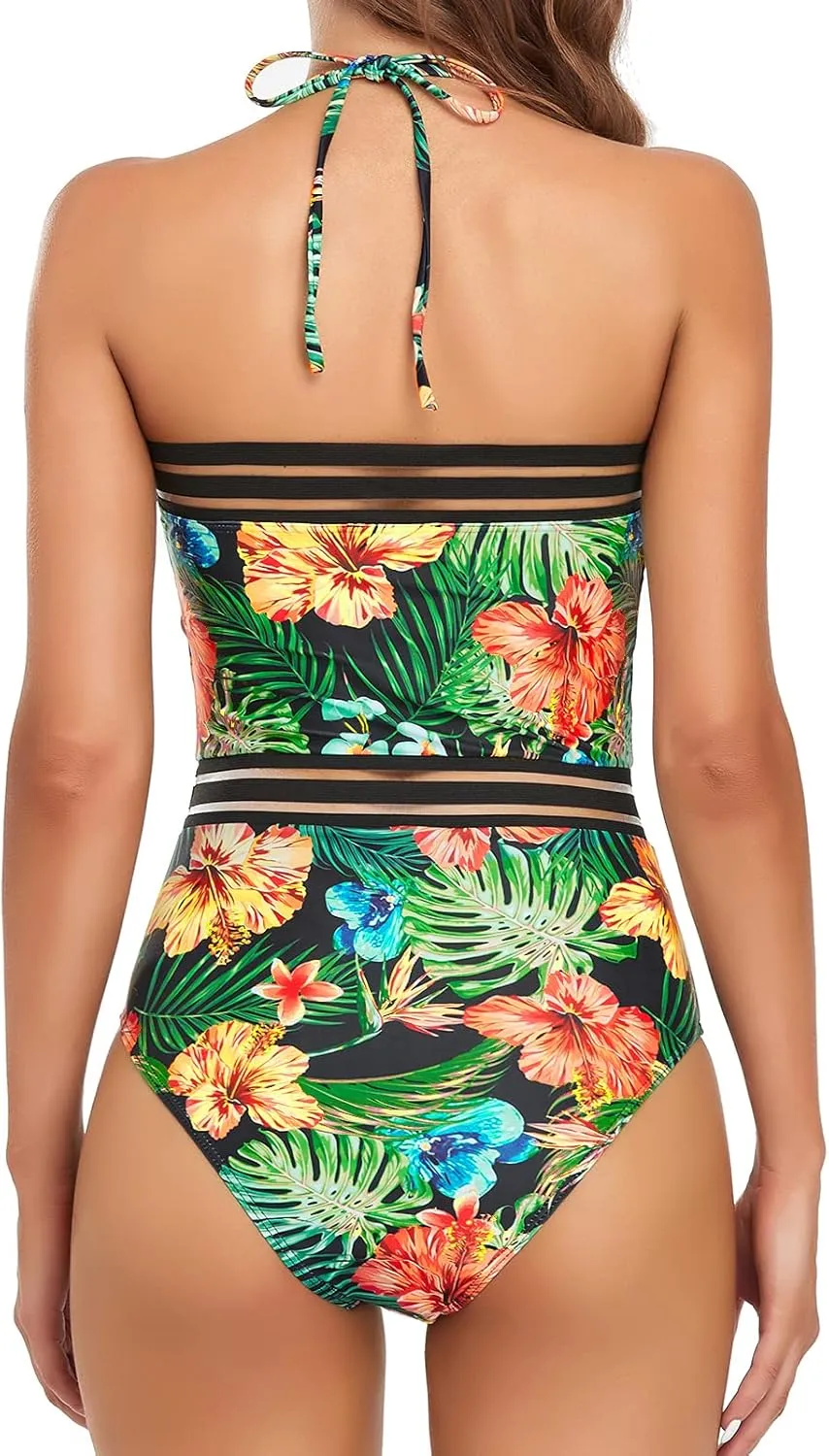 Edelqual Women Swimsuit One Piece Belly Full Coverage Bathing Suit Halter Backless Tummy Control Black Stripe Splice Monokini