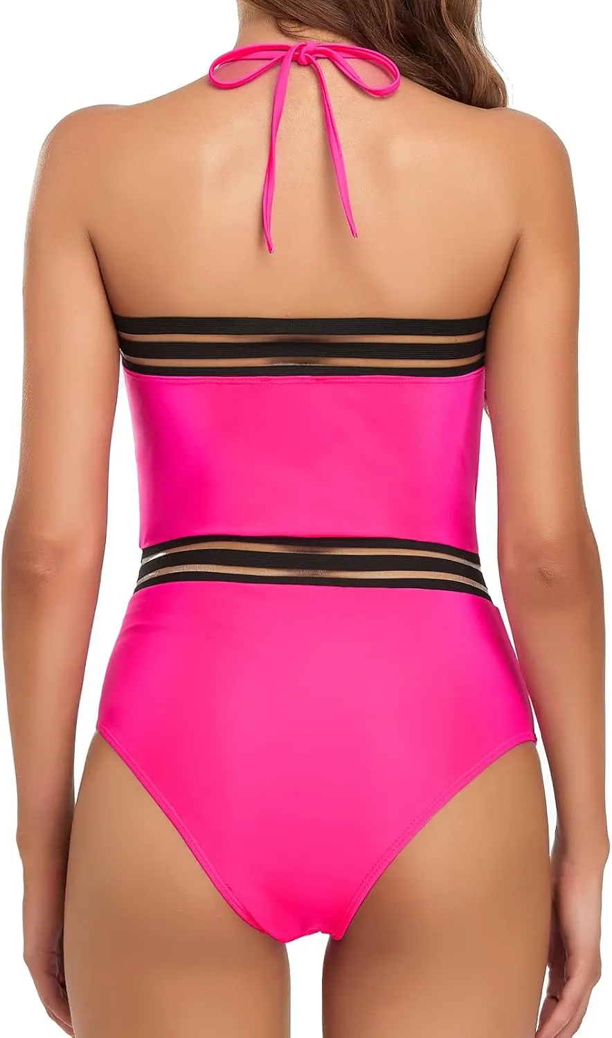 Edelqual Women Swimsuit One Piece Belly Full Coverage Bathing Suit Halter Backless Tummy Control Black Stripe Splice Monokini