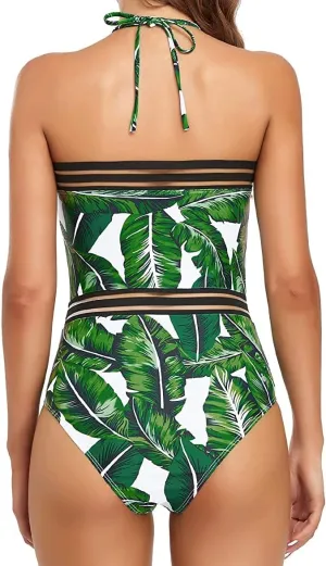 Edelqual Women Swimsuit One Piece Belly Full Coverage Bathing Suit Halter Backless Tummy Control Black Stripe Splice Monokini