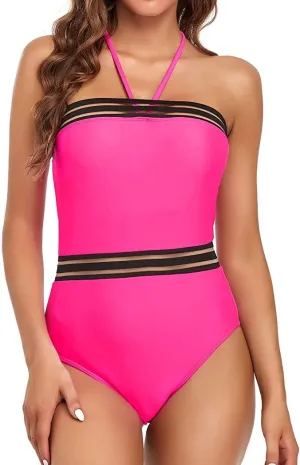Edelqual Women Swimsuit One Piece Belly Full Coverage Bathing Suit Halter Backless Tummy Control Black Stripe Splice Monokini