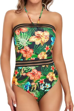 Edelqual Women Swimsuit One Piece Belly Full Coverage Bathing Suit Halter Backless Tummy Control Black Stripe Splice Monokini