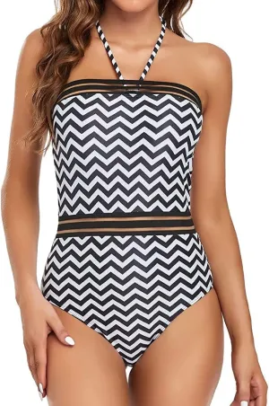 Edelqual Women Swimsuit One Piece Belly Full Coverage Bathing Suit Halter Backless Tummy Control Black Stripe Splice Monokini