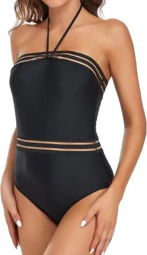 Edelqual Women Swimsuit One Piece Belly Full Coverage Bathing Suit Halter Backless Tummy Control Black Stripe Splice Monokini