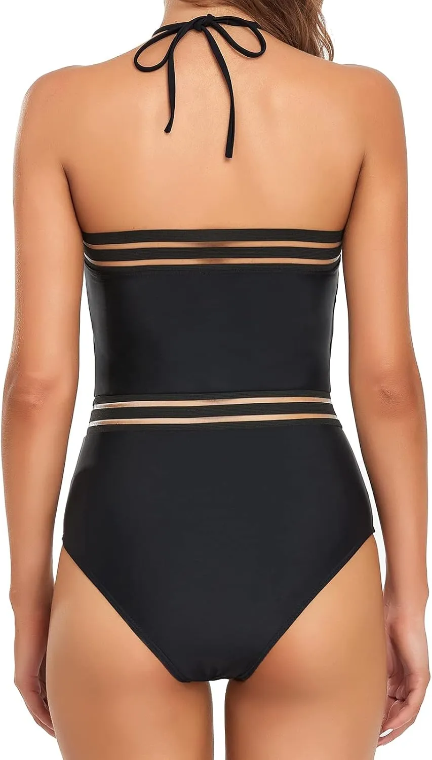 Edelqual Women Swimsuit One Piece Belly Full Coverage Bathing Suit Halter Backless Tummy Control Black Stripe Splice Monokini