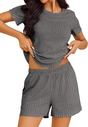 Ekouaer Pajamas Sets for Women Ribbed Knit Sleepwear Set Soft Short Sleeve Pjs with Pockets Casual Lounge Sets with Pockets
