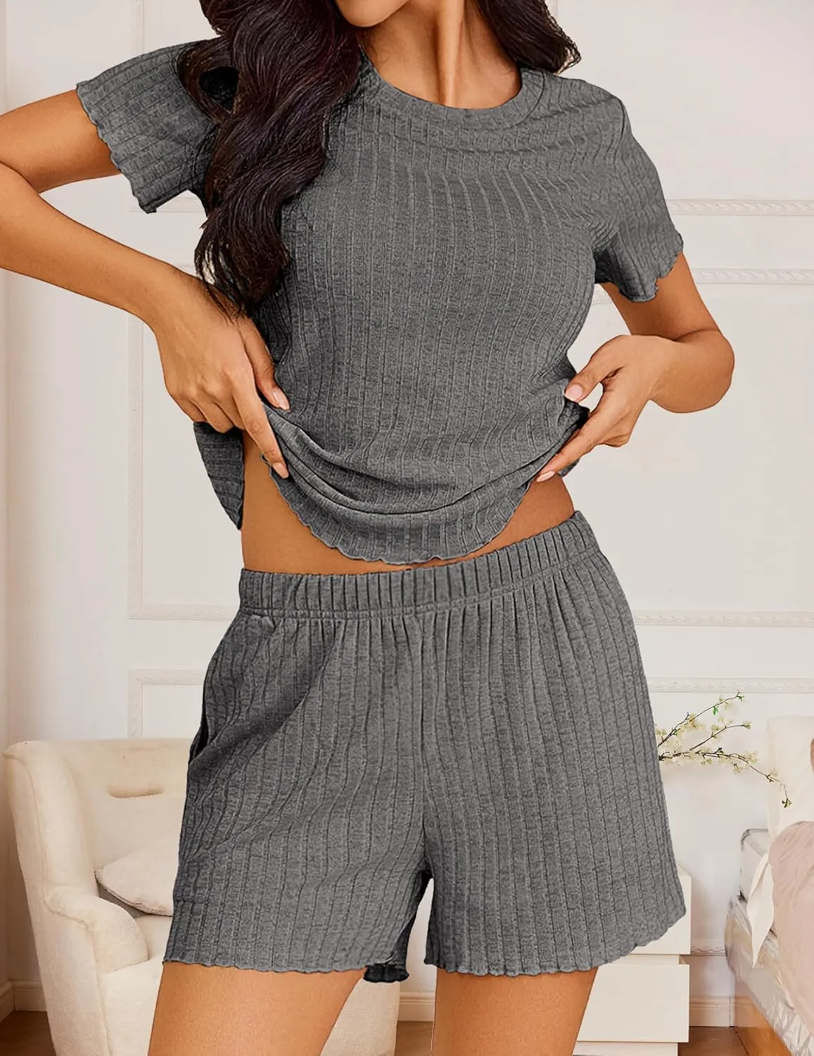 Ekouaer Pajamas Sets for Women Ribbed Knit Sleepwear Set Soft Short Sleeve Pjs with Pockets Casual Lounge Sets with Pockets