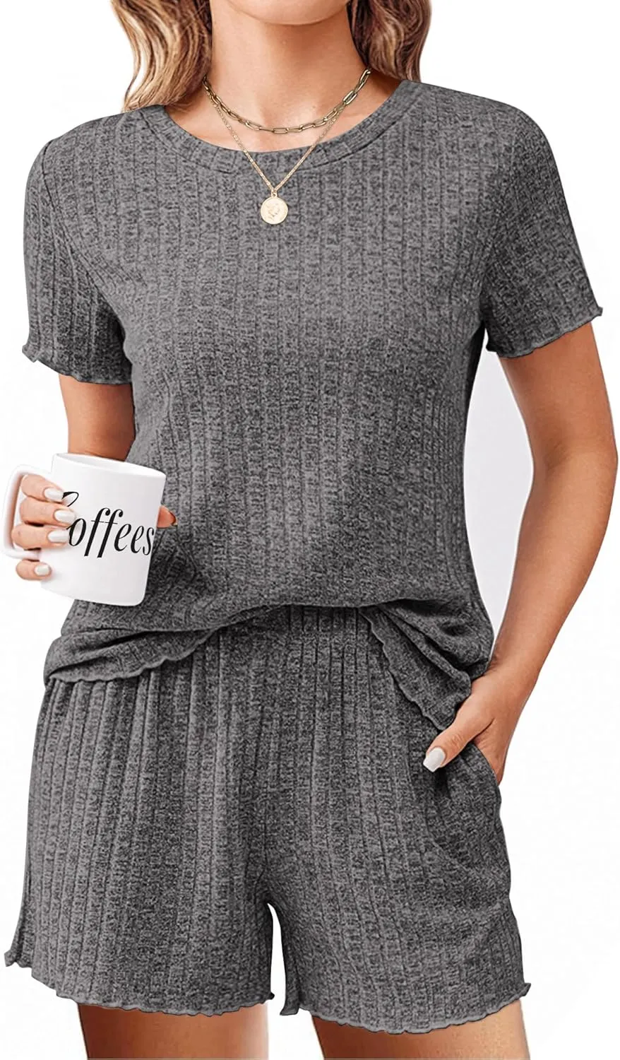 Ekouaer Pajamas Sets for Women Ribbed Knit Sleepwear Set Soft Short Sleeve Pjs with Pockets Casual Lounge Sets with Pockets