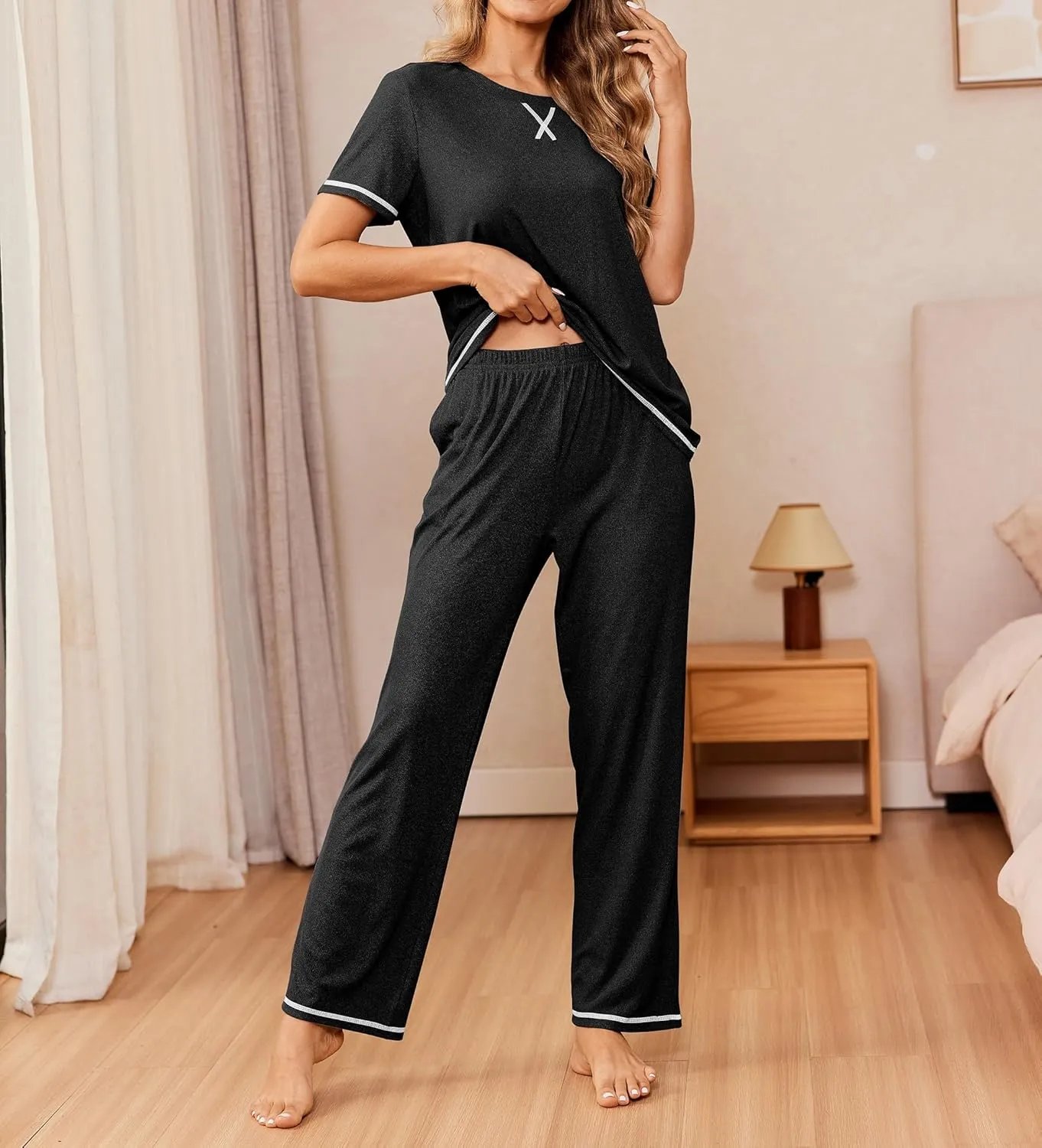 Ekouaer Women Soft Pant Sets Short Sleeve Top and Long Pants Pjs 2 Piece Lightweight Pajama Sets with Pockets