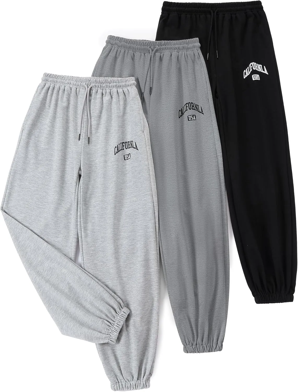 EXARUS 3 Pack Girls Sweatpants Letter Graphic Print with Pockets Sweat Pants High Waisted Cute Joggers 6-14Y