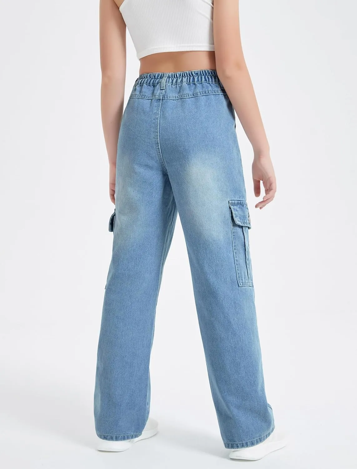 EXARUS Girls Jeans Cargo Pants Wide Leg Baggy High Elastic Waistband Kids Straight Denim Pant with Pockets Youth 8-14Y