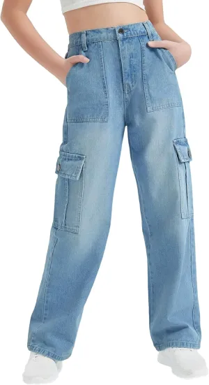 EXARUS Girls Jeans Cargo Pants Wide Leg Baggy High Elastic Waistband Kids Straight Denim Pant with Pockets Youth 8-14Y