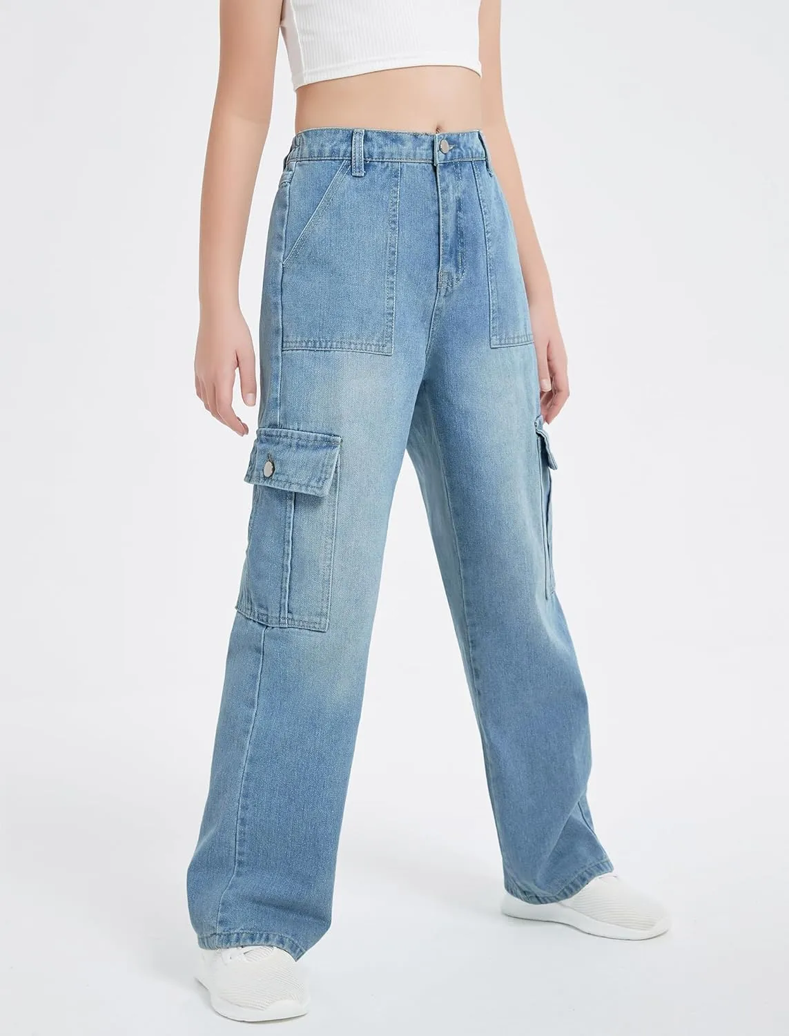 EXARUS Girls Jeans Cargo Pants Wide Leg Baggy High Elastic Waistband Kids Straight Denim Pant with Pockets Youth 8-14Y