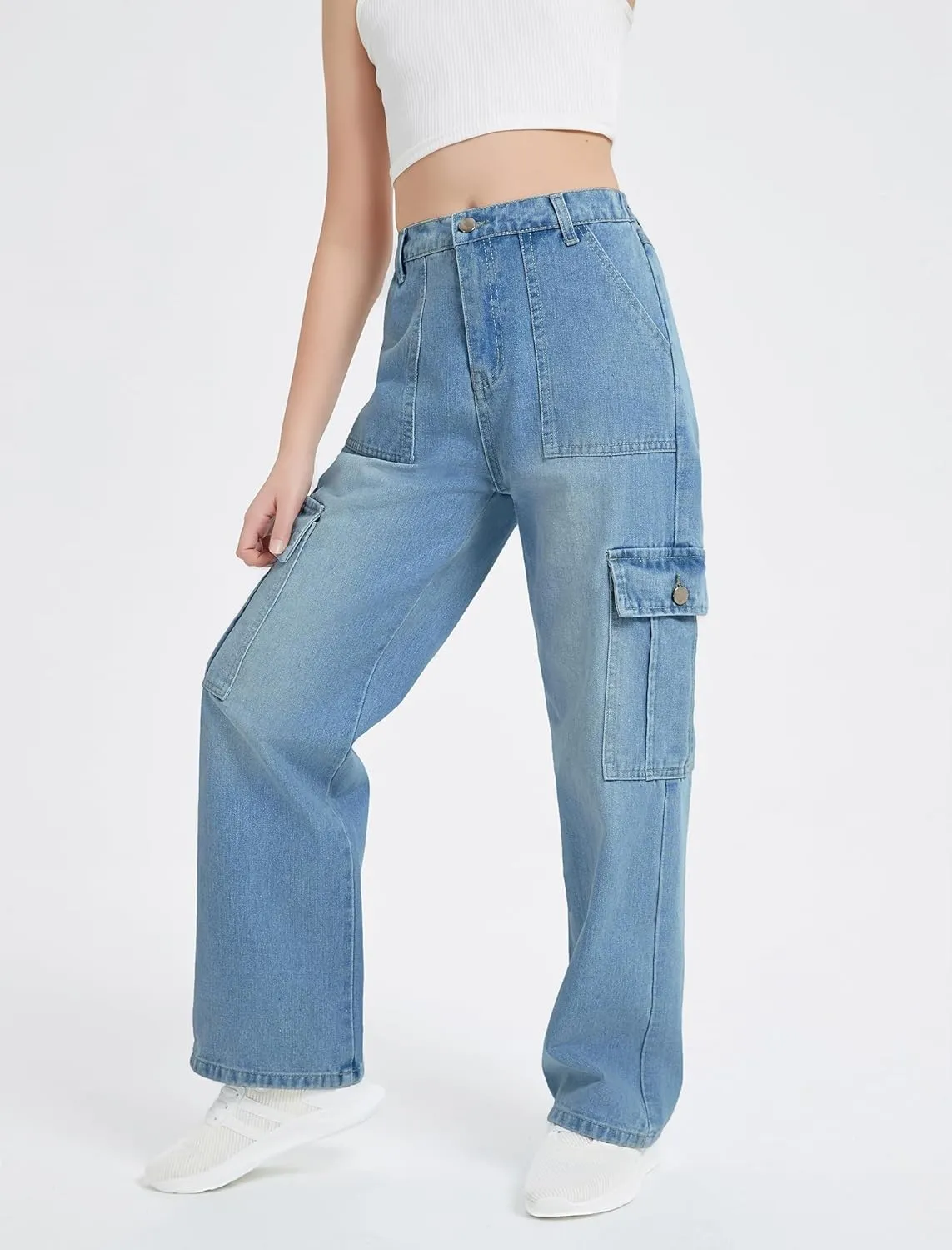 EXARUS Girls Jeans Cargo Pants Wide Leg Baggy High Elastic Waistband Kids Straight Denim Pant with Pockets Youth 8-14Y
