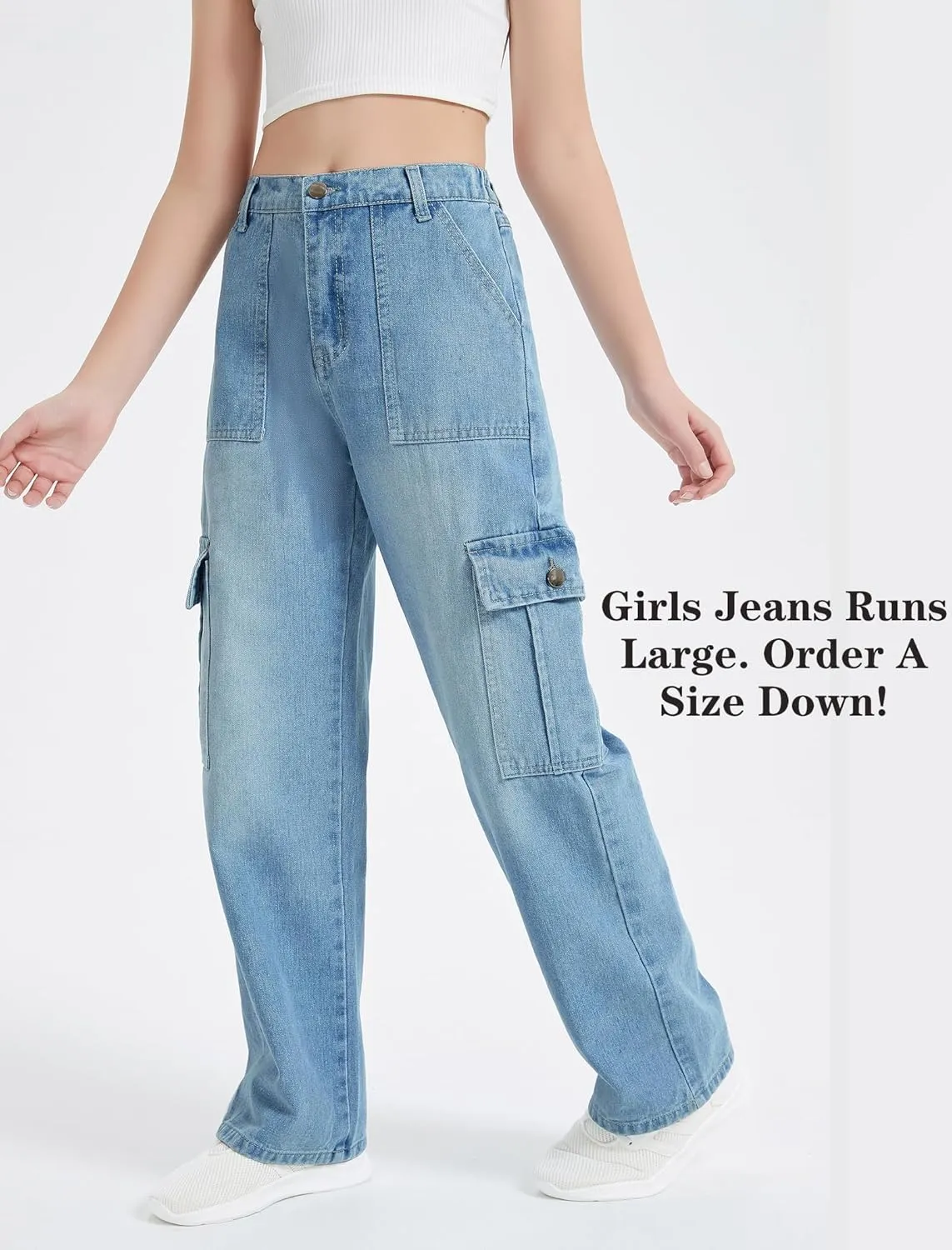 EXARUS Girls Jeans Cargo Pants Wide Leg Baggy High Elastic Waistband Kids Straight Denim Pant with Pockets Youth 8-14Y
