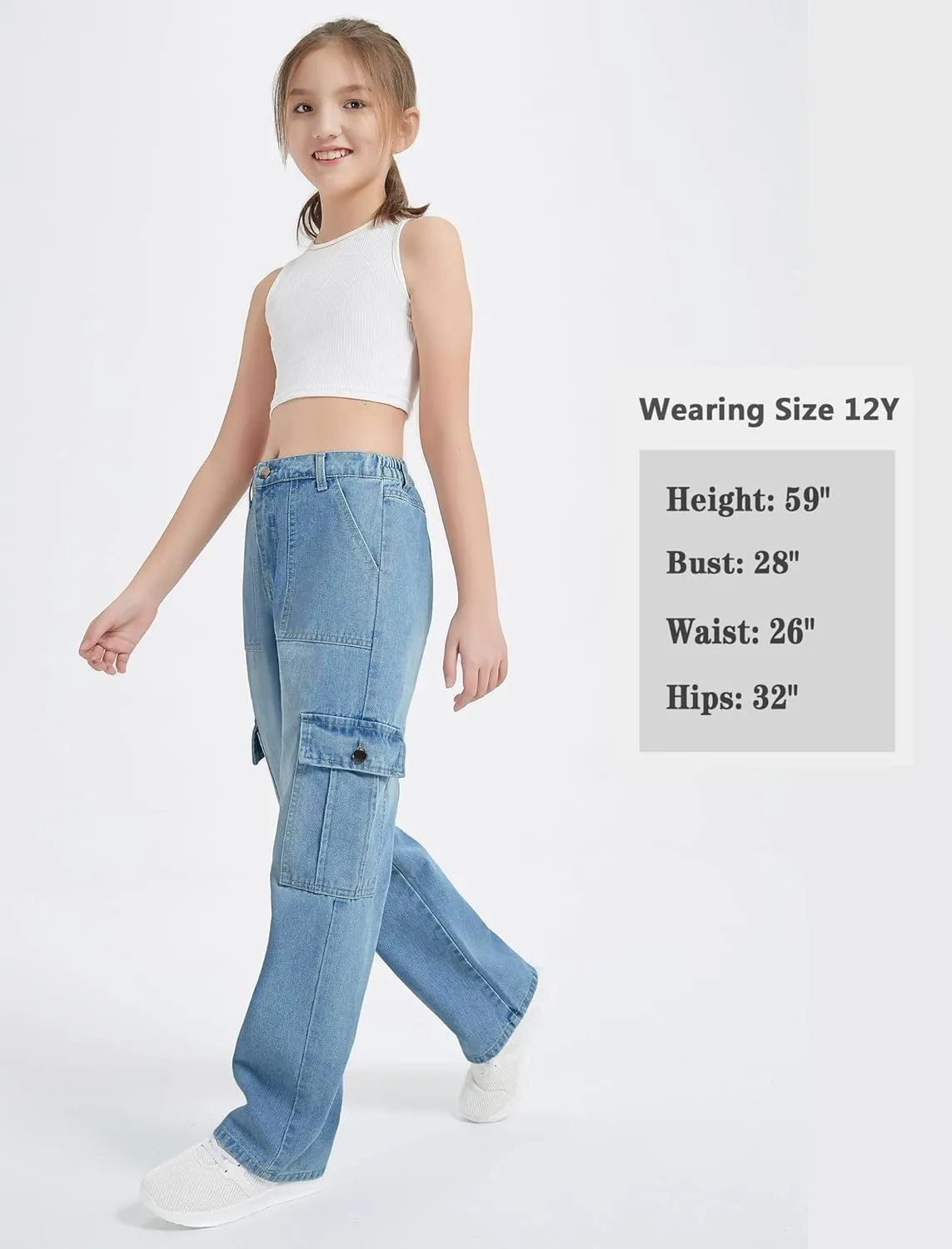 EXARUS Girls Jeans Cargo Pants Wide Leg Baggy High Elastic Waistband Kids Straight Denim Pant with Pockets Youth 8-14Y