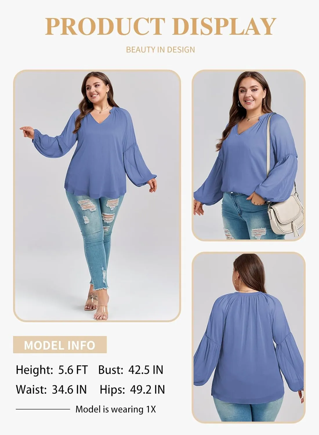 Eytino Women Plus Size Tops Summer V Neck Long Sleeve Button Down Pleated Business Work Blouse Shirts(1X-5X)
