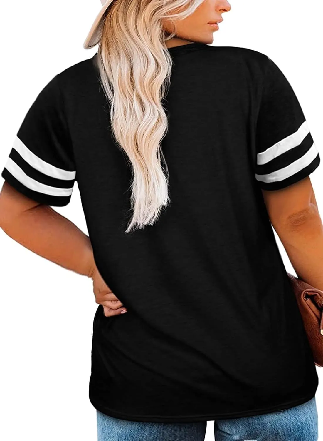 Eytino Women Plus Size Tops V Neck Short Sleeve Striped Causal Loose Blouse Shirts with Pocket(1X-5X)