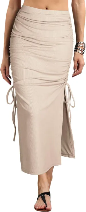 Ezcosplay Women High Waisted Ribbed Skirt Side Split Slit Ruched Drawstring Bodycon Maxi Skirts
