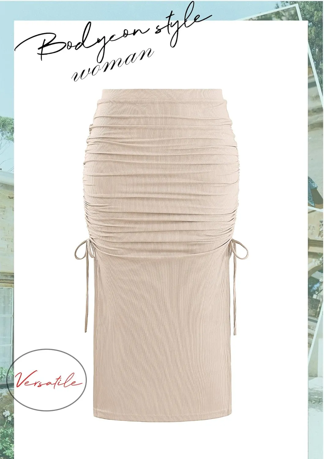 Ezcosplay Women High Waisted Ribbed Skirt Side Split Slit Ruched Drawstring Bodycon Maxi Skirts