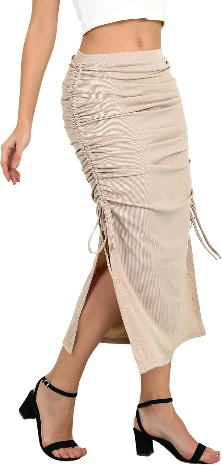 Ezcosplay Women High Waisted Ribbed Skirt Side Split Slit Ruched Drawstring Bodycon Maxi Skirts