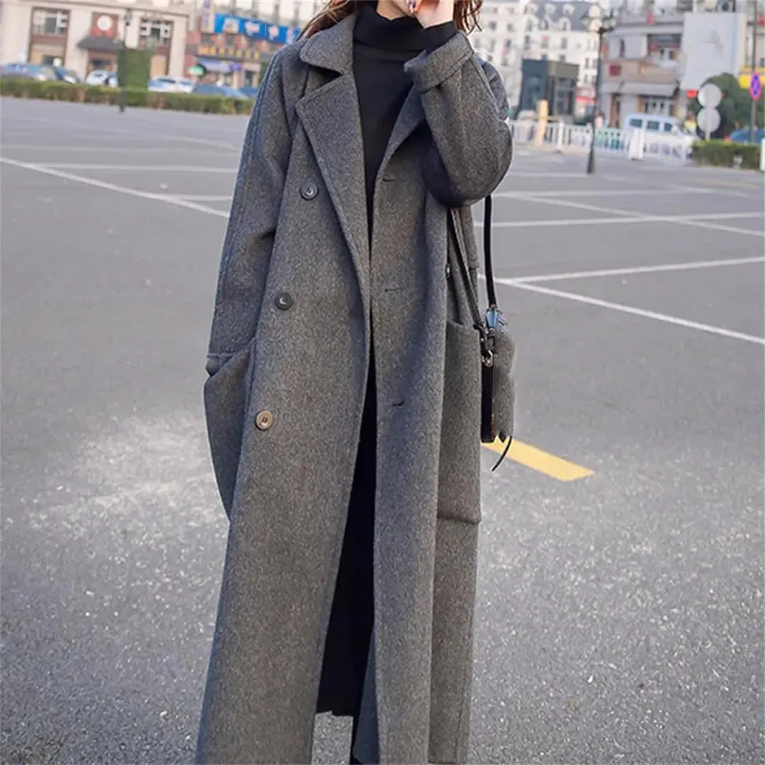 Fjnbbiot Autumn Winter Women's Wool Coat Fashion Long Single Breasted Slim Solid Warm Elegant Blends Pea Coat