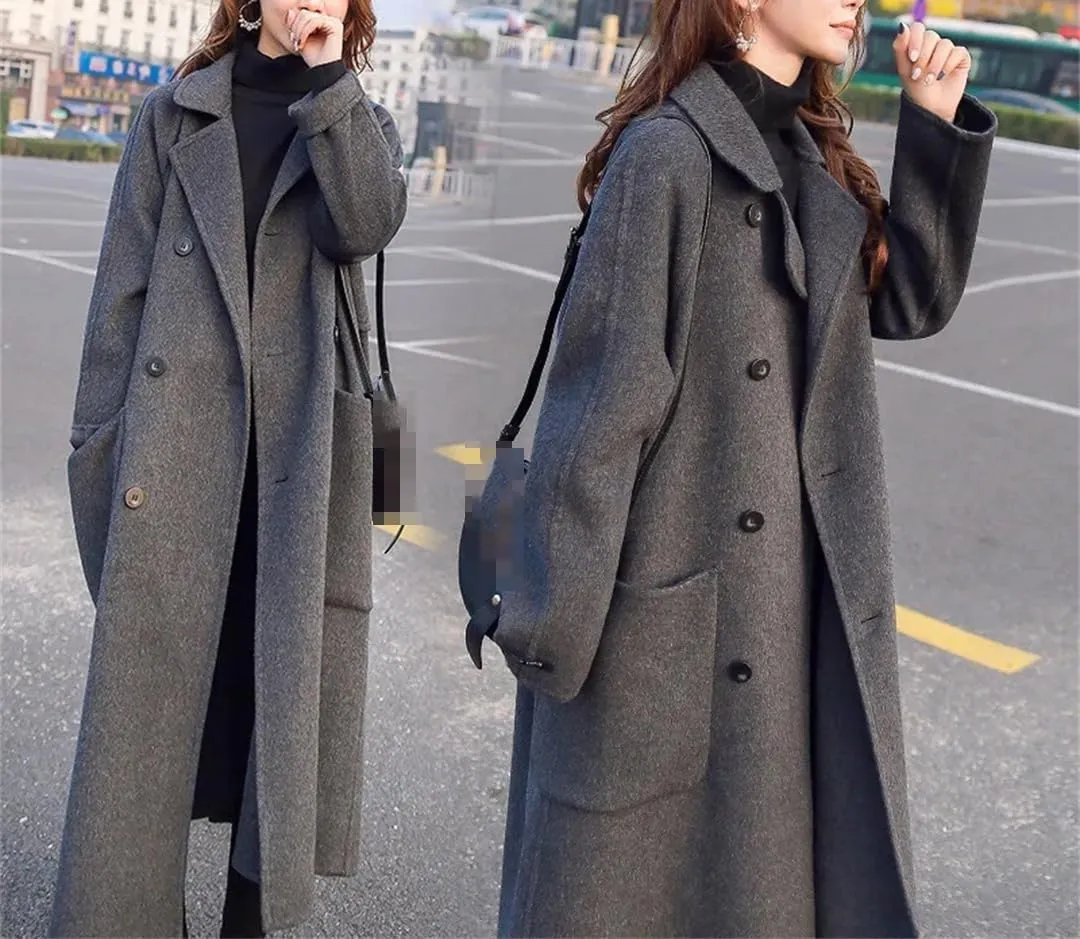 Fjnbbiot Autumn Winter Women's Wool Coat Fashion Long Single Breasted Slim Solid Warm Elegant Blends Pea Coat