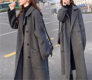 Fjnbbiot Autumn Winter Women's Wool Coat Fashion Long Single Breasted Slim Solid Warm Elegant Blends Pea Coat