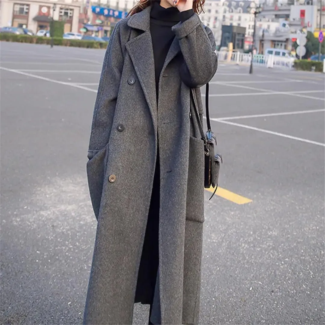 Fjnbbiot Autumn Winter Women's Wool Coat Fashion Long Single Breasted Slim Solid Warm Elegant Blends Pea Coat