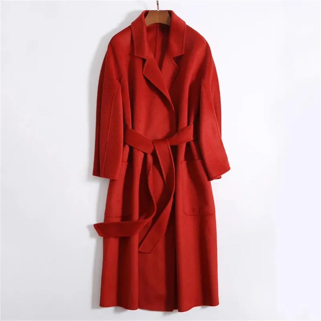 Fjnbbiot Double-Sided Wool Coat Women Long Autumn Winter Coat Elegant Notched Collar Double Breasted Wool Blend Over Coat