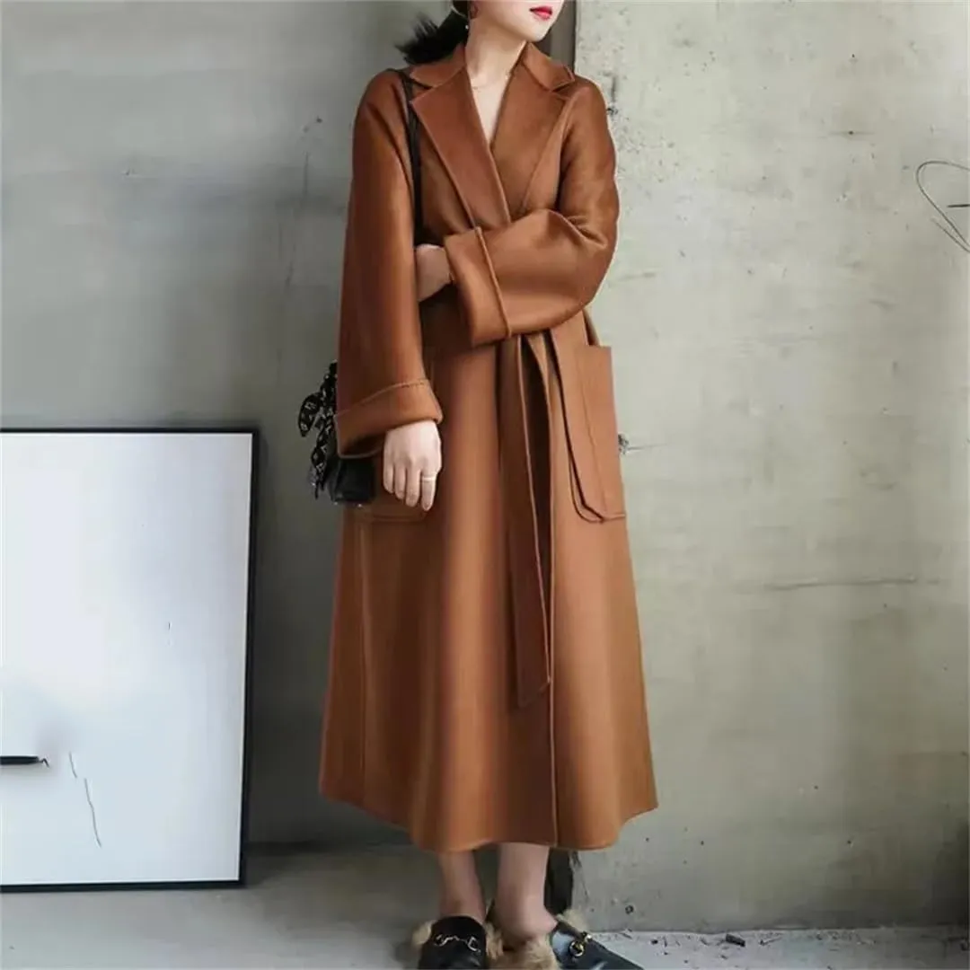 Fjnbbiot Double-Sided Wool Coat Women Long Autumn Winter Coat Elegant Notched Collar Double Breasted Wool Blend Over Coat