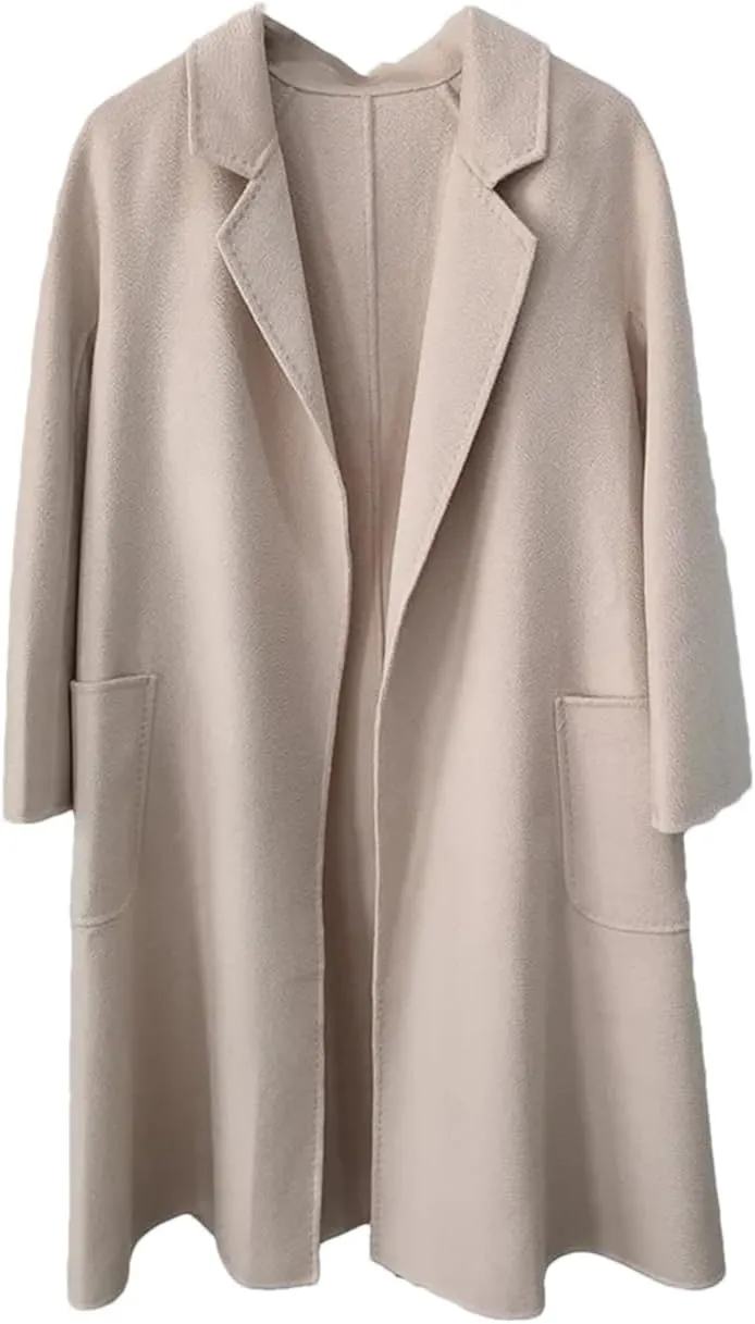Fjnbbiot Double-Sided Wool Coat Women Long Autumn Winter Coat Elegant Notched Collar Double Breasted Wool Blend Over Coat