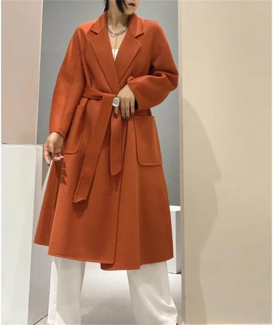 Fjnbbiot Double-Sided Wool Coat Women Long Autumn Winter Coat Elegant Notched Collar Double Breasted Wool Blend Over Coat