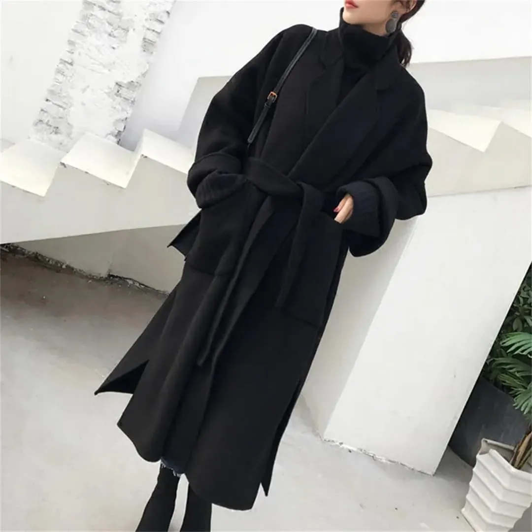 Fjnbbiot Elegant Woolen Coat Women Cardigan Thicken Autumn Winter Blend Coats Belt Long Overcoats