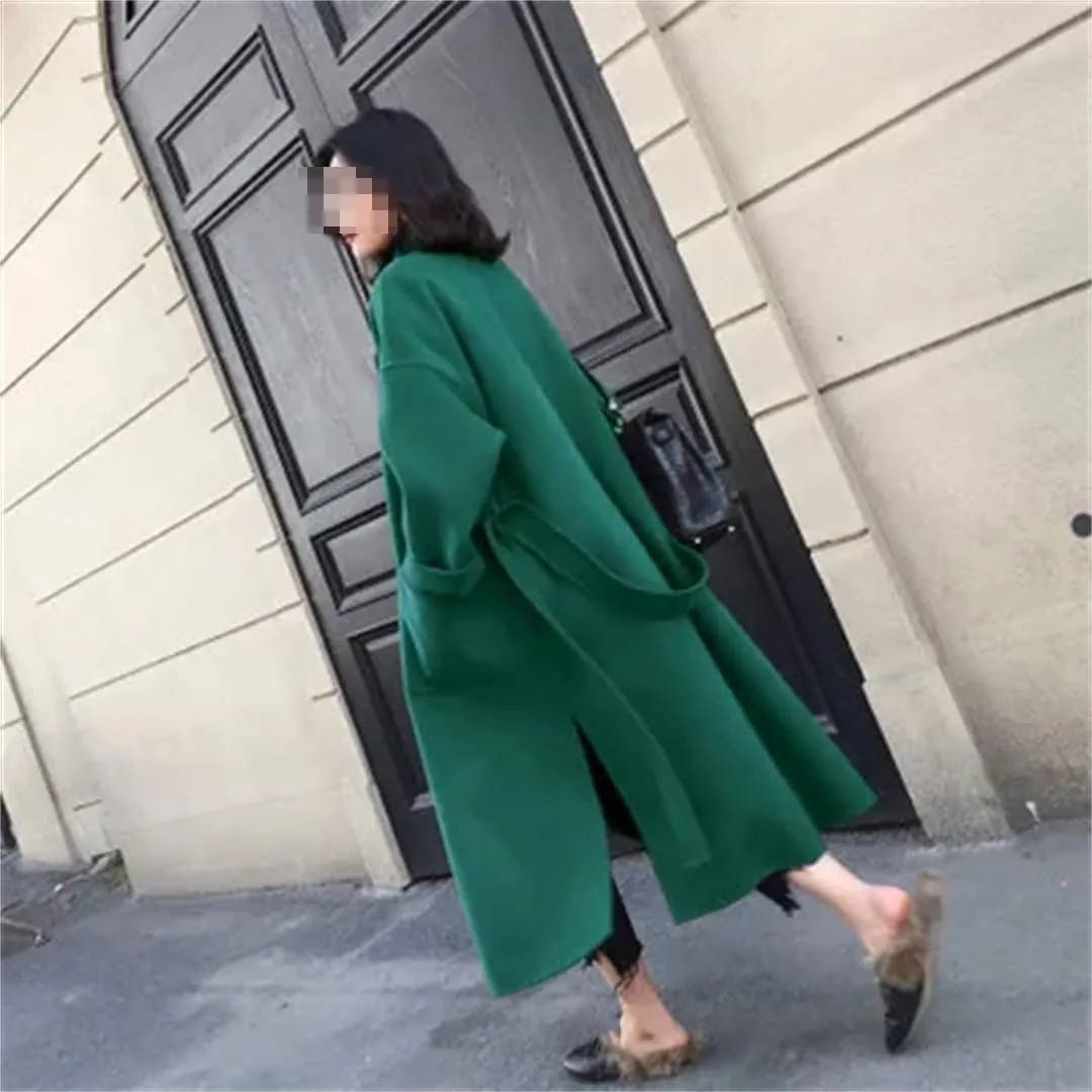 Fjnbbiot Elegant Woolen Coat Women Cardigan Thicken Autumn Winter Blend Coats Belt Long Overcoats