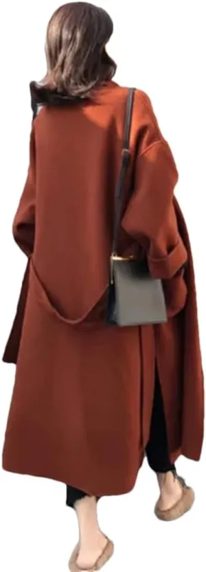 Fjnbbiot Elegant Woolen Coat Women Cardigan Thicken Autumn Winter Blend Coats Belt Long Overcoats