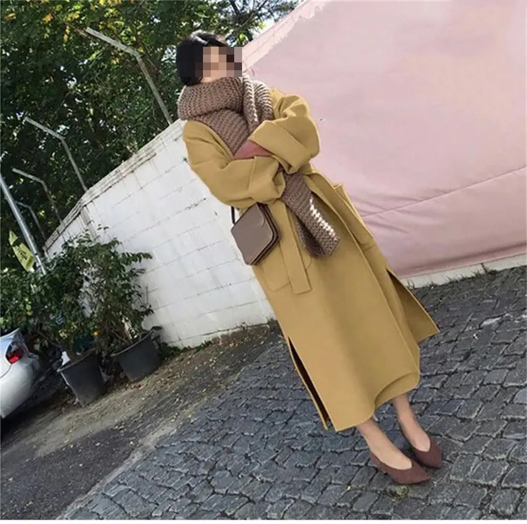Fjnbbiot Elegant Woolen Coat Women Cardigan Thicken Autumn Winter Blend Coats Belt Long Overcoats
