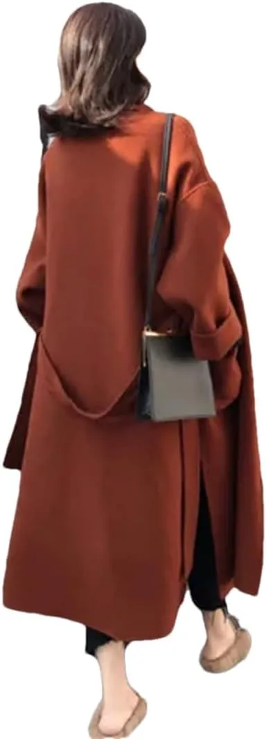 Fjnbbiot Elegant Woolen Coat Women Cardigan Thicken Autumn Winter Blend Coats Belt Long Overcoats