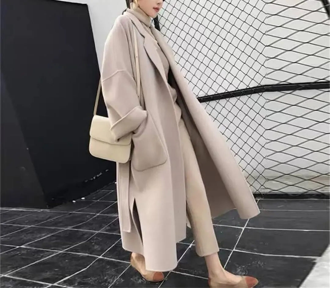 Fjnbbiot Elegant Woolen Coat Women Cardigan Thicken Autumn Winter Blend Coats Belt Long Overcoats