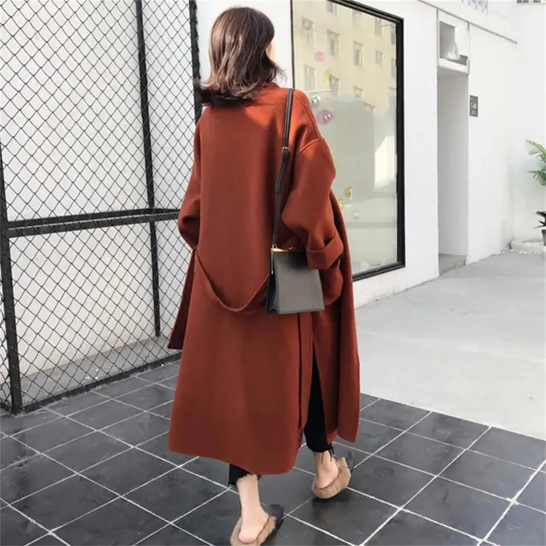 Fjnbbiot Elegant Woolen Coat Women Cardigan Thicken Autumn Winter Blend Coats Belt Long Overcoats