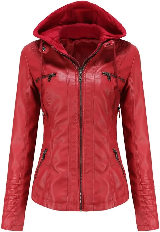 Fjnbbiot Faux Leather Jacket Women Spring Autumn Hooded Moto Biker Zipper Jacket Outerwears