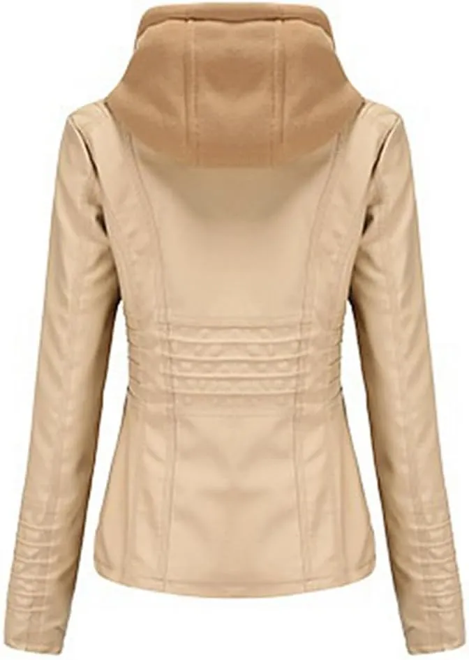 Fjnbbiot Faux Leather Jacket Women Spring Autumn Hooded Moto Biker Zipper Jacket Outerwears