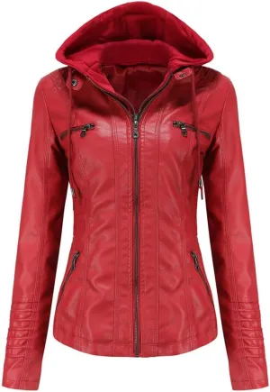 Fjnbbiot Faux Leather Jacket Women Spring Autumn Hooded Moto Biker Zipper Jacket Outerwears