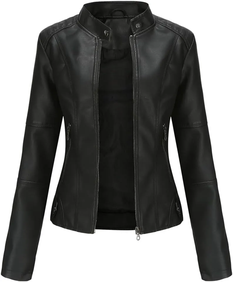 Fjnbbiot Leather Jacket Women Autumn Spring Moto Biker Zipper Jacket