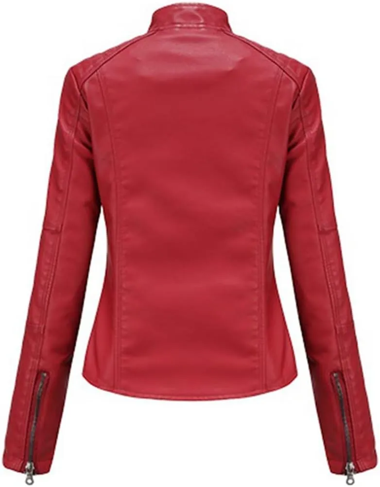 Fjnbbiot Leather Jacket Women Autumn Spring Moto Biker Zipper Jacket