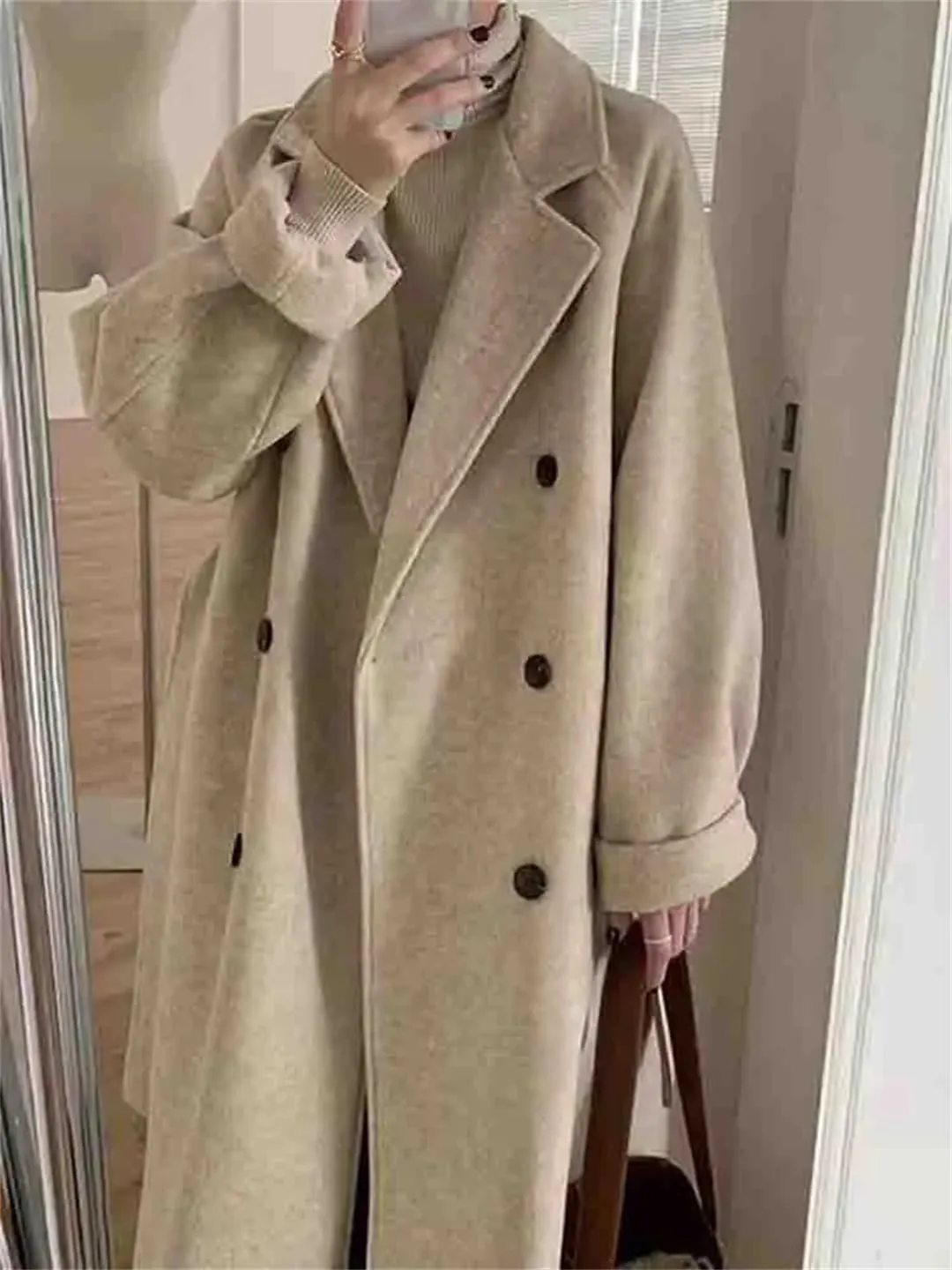 Fjnbbiot Women Double Breasted Loose Woolen Coat Lapel Collar Long Sleeves Solid Casual Autumn Winter Pea Coat