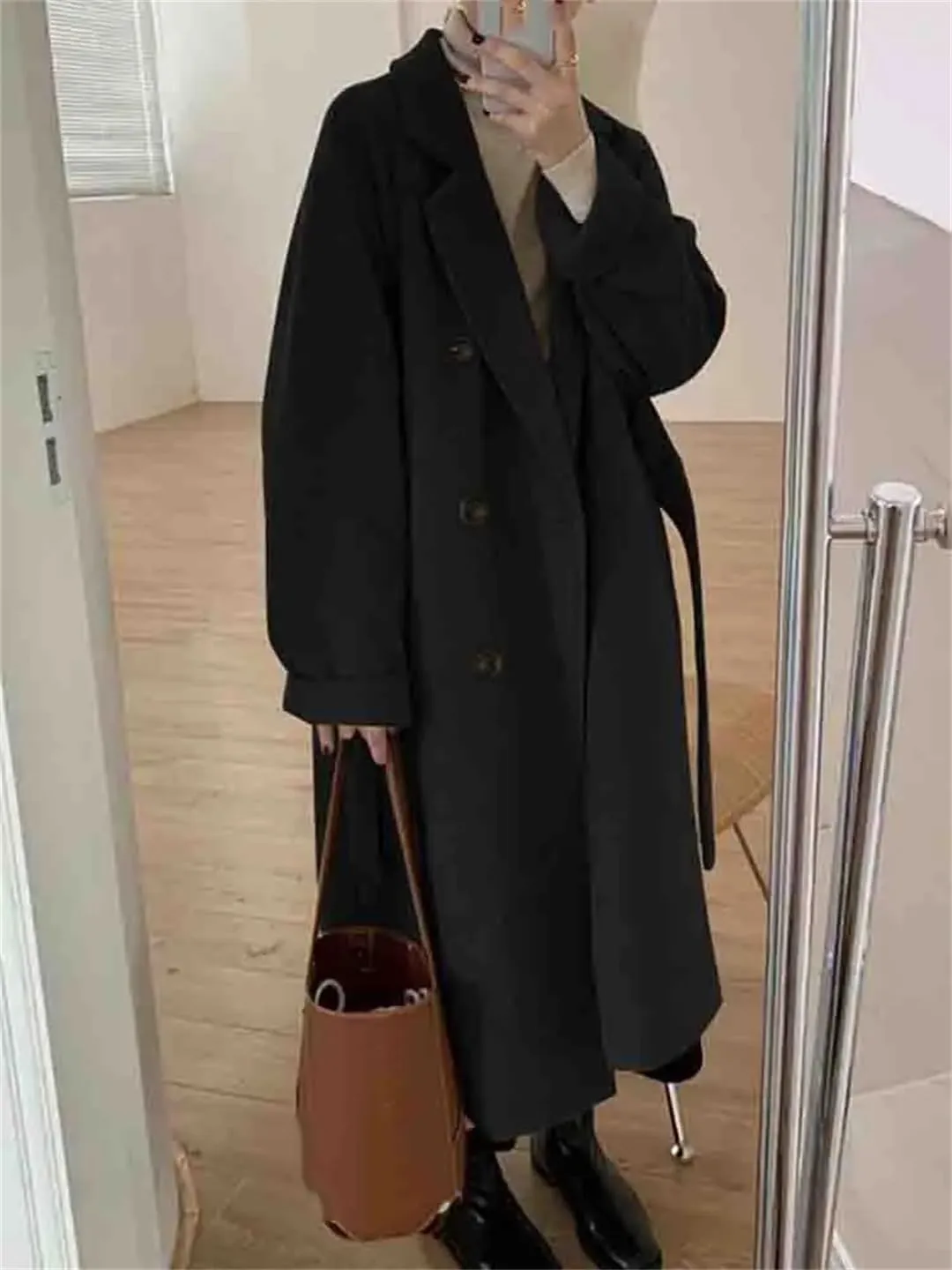 Fjnbbiot Women Double Breasted Loose Woolen Coat Lapel Collar Long Sleeves Solid Casual Autumn Winter Pea Coat